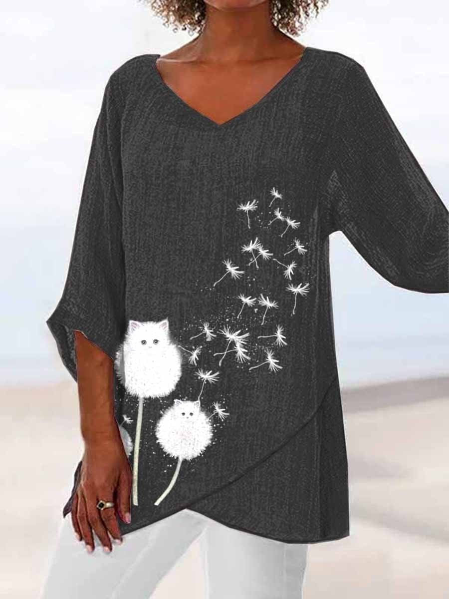 Women’S Dandelion And Cat Art Printed Long Sleeve V-Neck Top