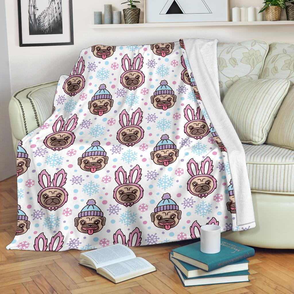 Cute Pug Hat Rabbit Costume Pattern Premium Blanket