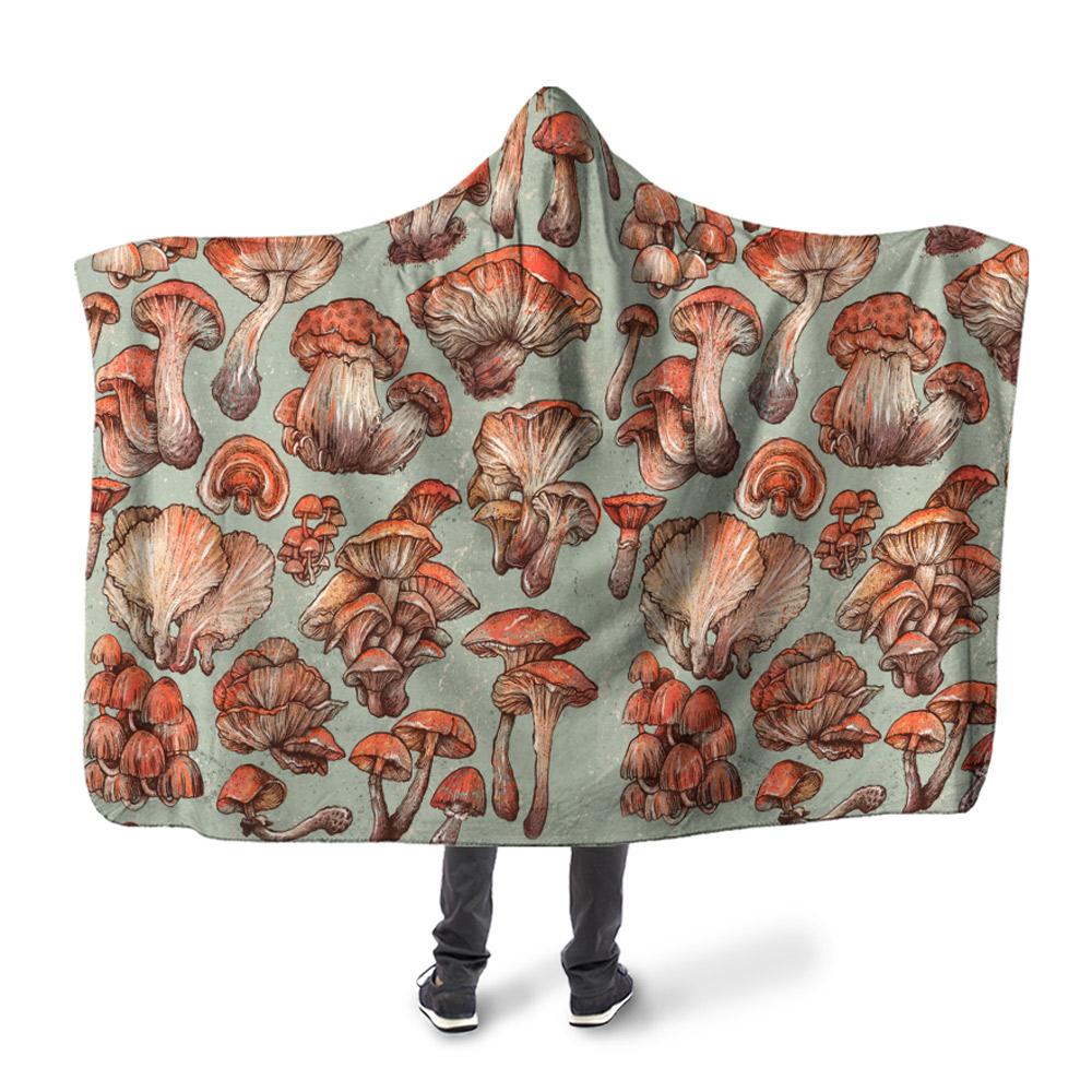 ViticStore™ 3D All Over Printed Red Brown Mushrooms – Seafoam Green Hooded Blanket