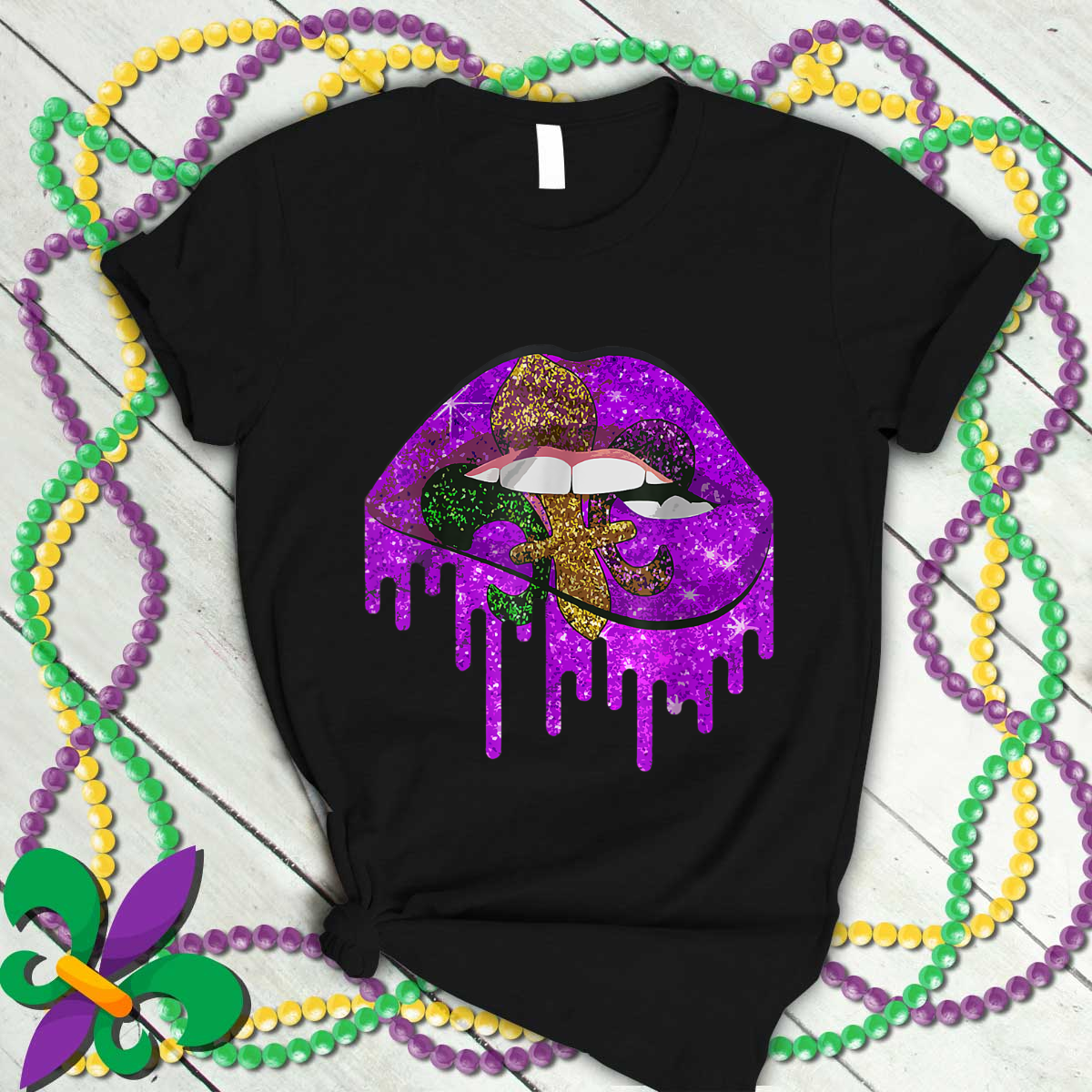 Mardi Gras Carnival Costume Purple & Gold Fleurdelis Lips T-Shirt