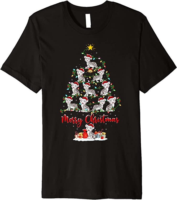 White Tiger Christmas Tree Lights Funny White Tiger Xmas Premium T-Shirt