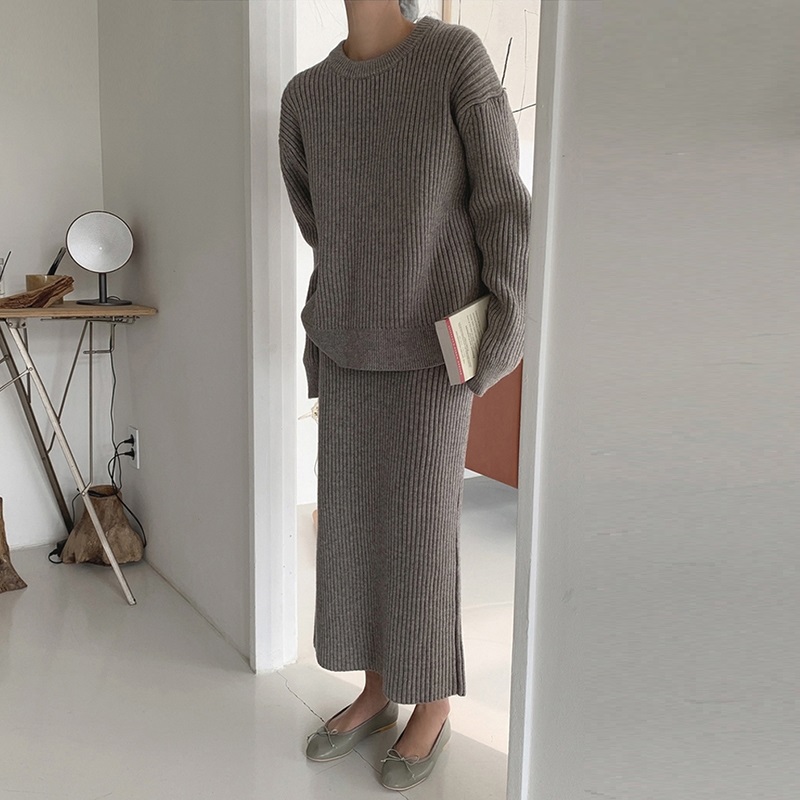 Casual Women Knitted Skirt Two-piece Suit 2022Autumn Winter Women O-neck Sweater Pullovers Elastic Waist Bodycon Midi Skirts Set alx