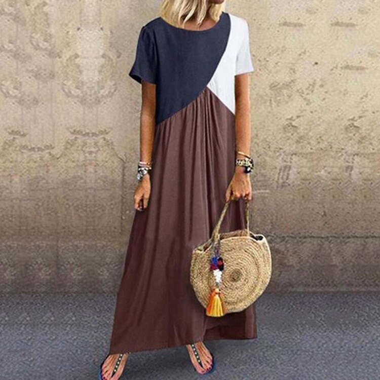 Summer 2020 Short Sleeve Maxi Dress Women Clothes O-neck Beach Dress Fashion Ladies Contrast Stitching Long Dresses Vestidos alx