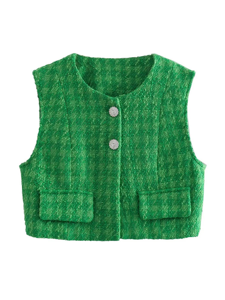 TRAF Women Fashion With Bejeweled Button Crop Tweed Waistcoat Vintage O Neck Sleeveless Female Outerwear Chic Vest Tops alx