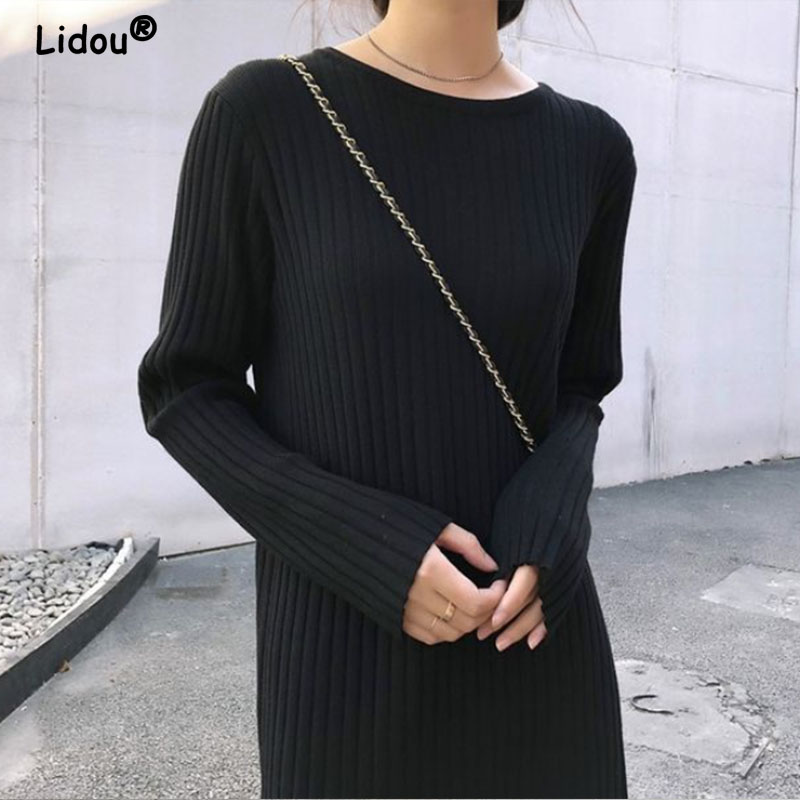 Solid Round Neck Midi Dress Women Autumn 2022 Winter Knitted Sweater Dress Casual V-neck Pullovers Loose White Long Sleeve Dress alx