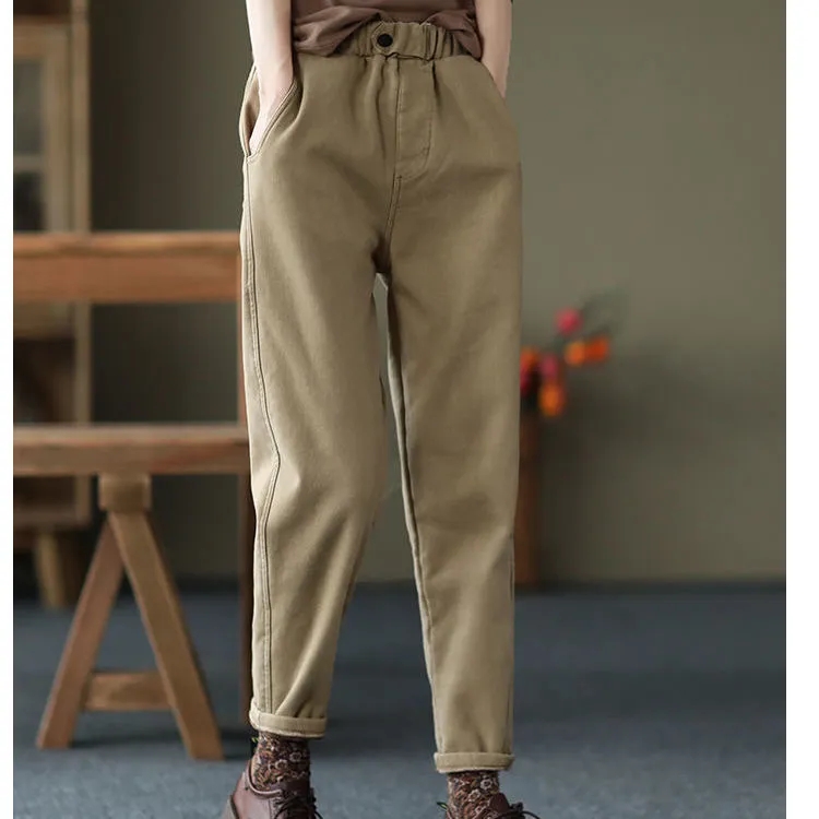 Women Khaki High Waist Plus Velvet Ankle-length Pants Winter Casual Thick Warm Harem Trousers Loose Pantalon Cotton Sweatpants alx