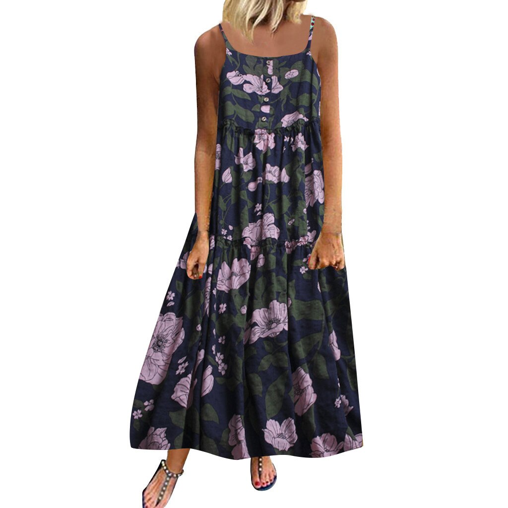 Women Plus Size Flowers Print Button Long Dress Casual Sleeveless Draped Straight Dresses Comfy Fashoin Oversize Vestidos Robes alx