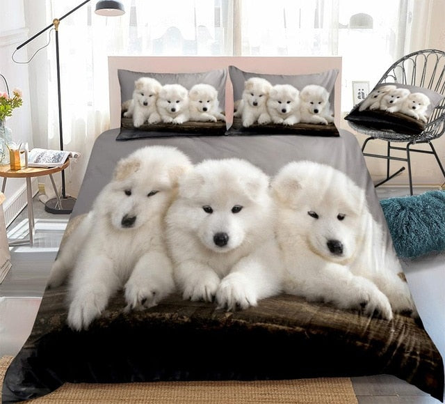 White 3D Samoyed Cute Dogs Lover Animals Duvet Cover Set, Microfiber Fabric Bedding