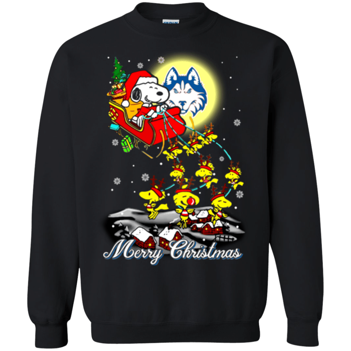 Amazing Houston Baptist Huskies Snoopy Ugly Christmas Sweaters Santa Claus With Sleigh Sweatshirts