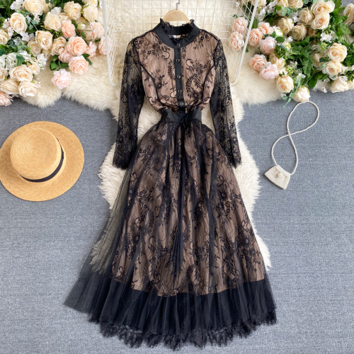 Aibeautyer New Spring Autumn Vintage Lace Hollow Out Dress A Line O Neck Floral Print High Waist Mid Calf Women Dresses alx