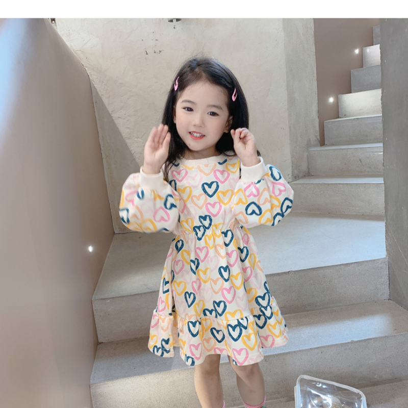 Baby Girls Dress Cute Dot Love Print Casual Long Sleeve Sweatshirt Trumpet Mermaid 2 To 8 Years Birthday Party Kids Dresses alx