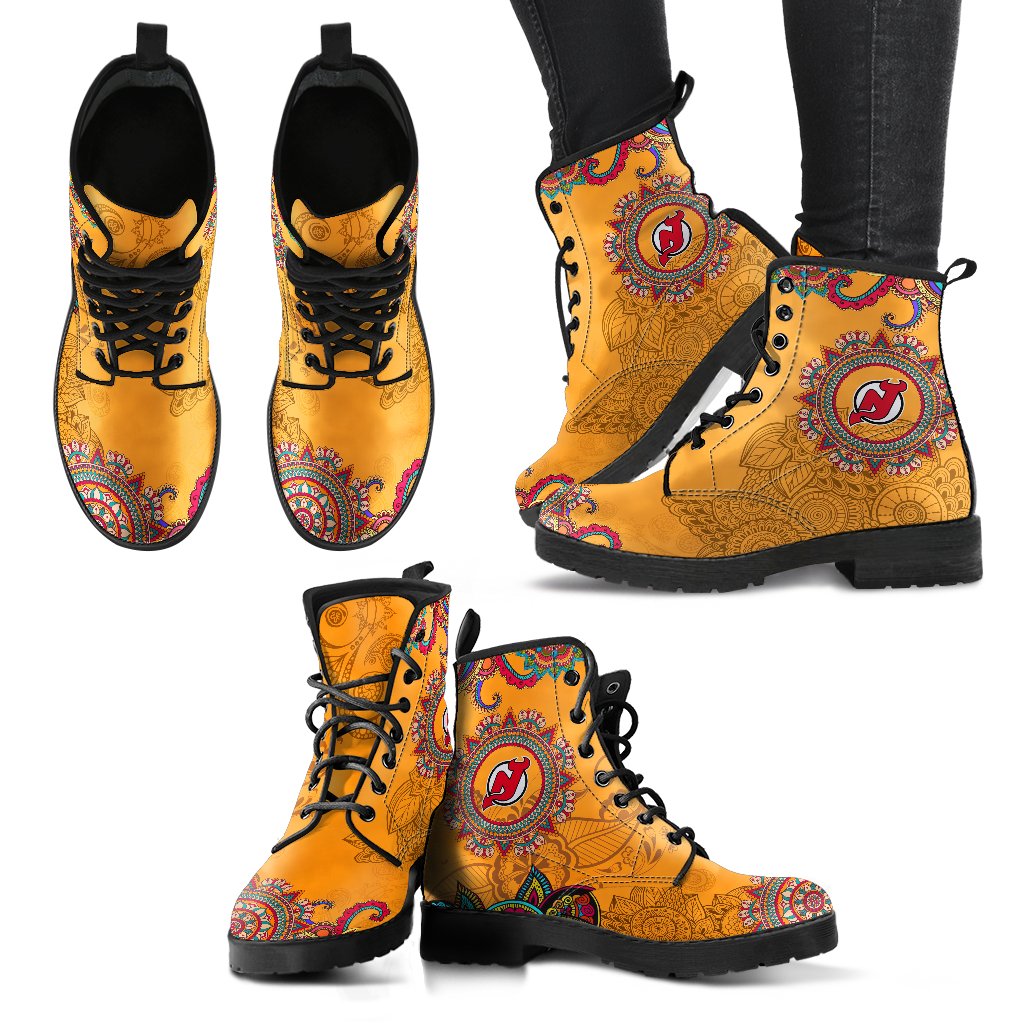 Golden Boho Flower New Jersey Devils Leather Boots