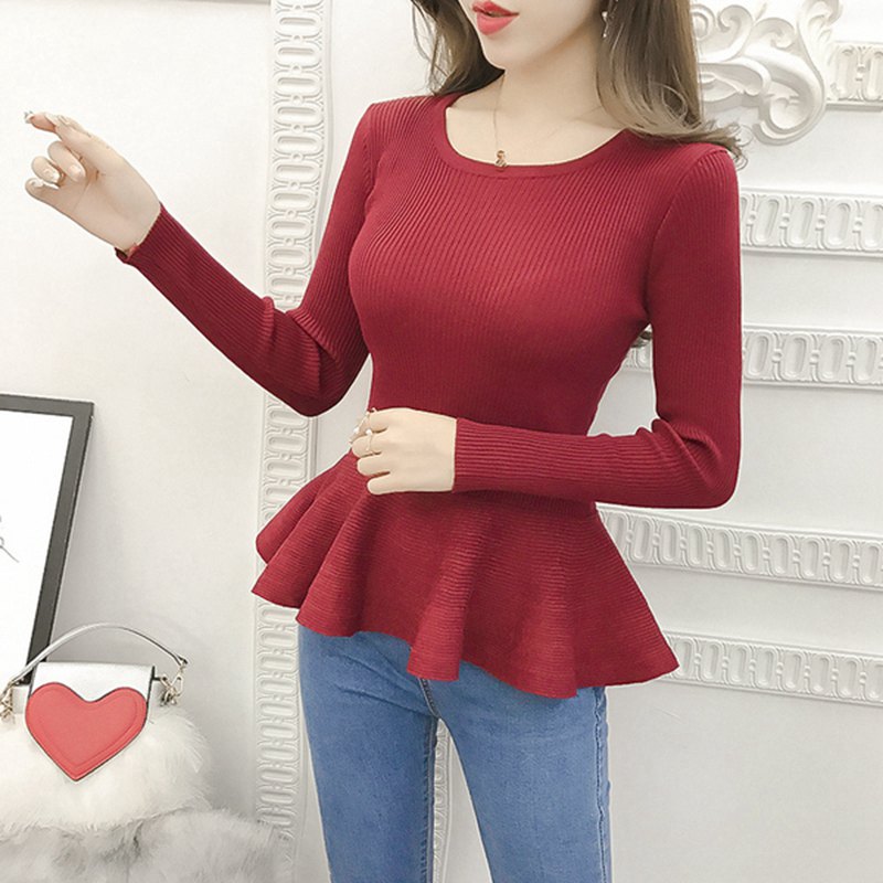 2021 Autumn Winter Long Sleeve Ruffle Pullover Women Sweater Knitted Sweaters O-Neck Tops Korean Pull Femme Jumper Female Black alx