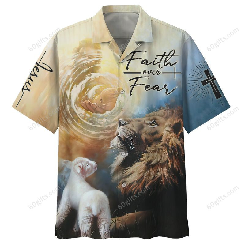 3D Jesus Hawaiian Shirt, Hoodie, Zip Hoodie, Hoodie Dress, Sweatshirt Lion God And Sheep Faith Over Fear Christian All Over Print