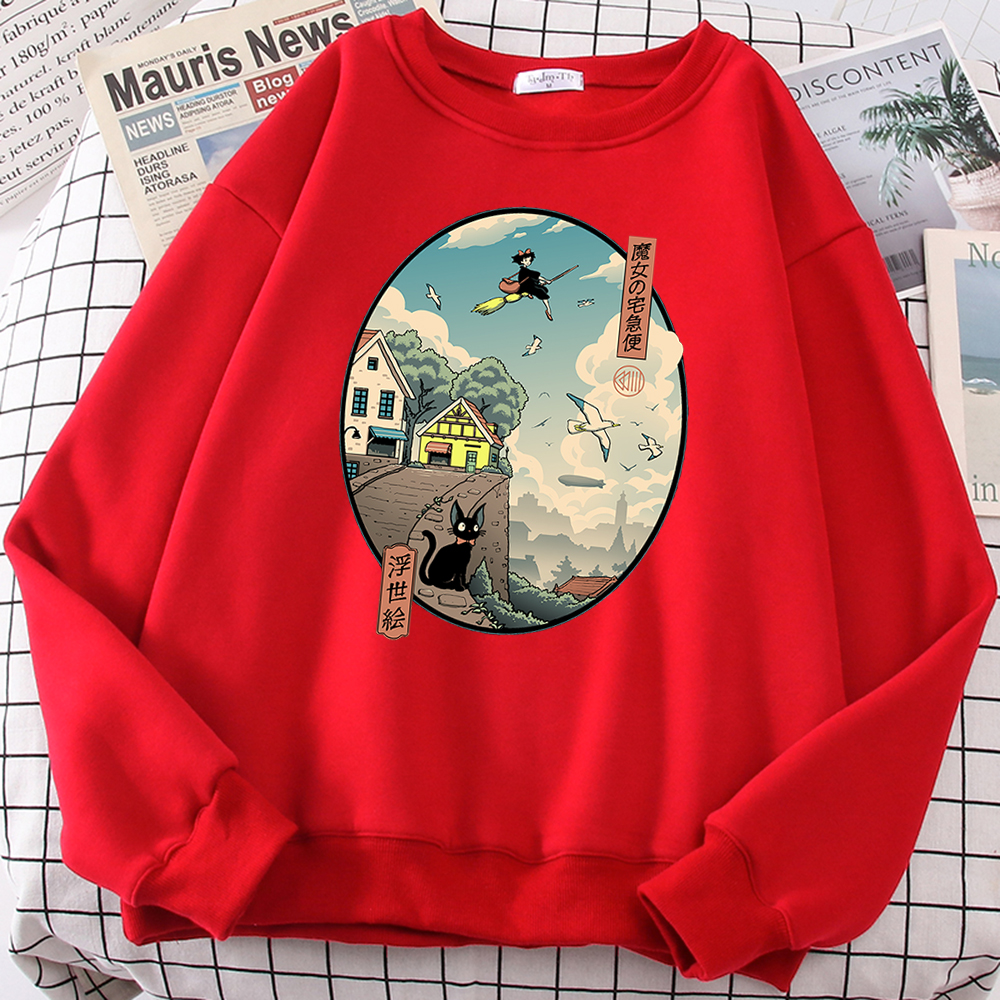 Ukiyoe Kiki’s Delivery Service Print Sweatshirt Women Crewneck Pullover Hoodie Autumn Casual Fleece Clothes Oversize Loose Hoody alx