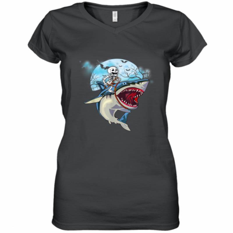 Skeleton Riding Shark Funny Halloween shirt Women's V-Neck T-Shirt