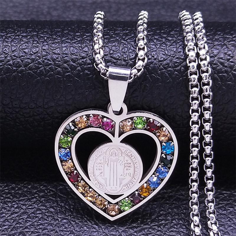 2022 Saint Benedict Heart Crystal Necklaces Fashion Catholic Stainless Steel Medal Necklace for Women Jewelry San Benito N4910 alx