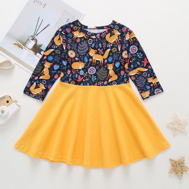 Toddler Girl Cotton Color Block Deer Printed Princess Long Sleeve Dress