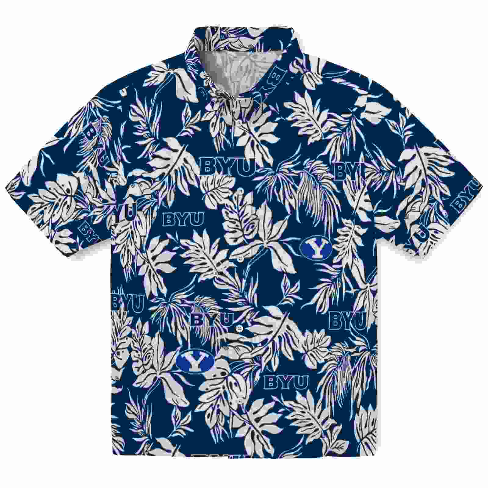 Byu Cougars Tropical Leaf Blue White Hawaiian Shirt
