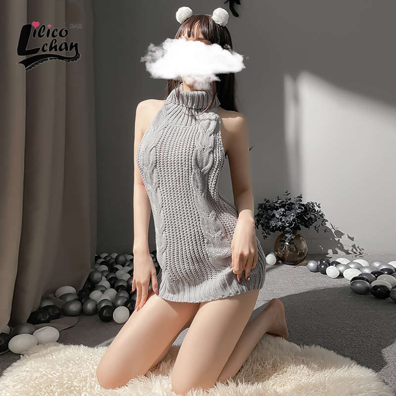 Cute Knitted Women Sexy Sweater Dress Japanese Backless Long Virgin Killer Turtleneck Sleeveless Gray Pullover Anime Style New alx