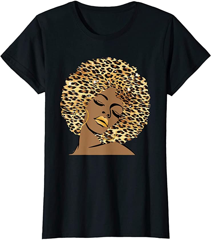 Womens Melanin Queen Leopard Afro Hair African American Black Woman T-Shirt