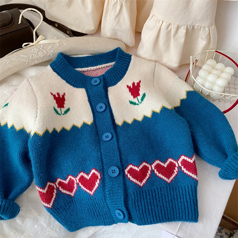 Autumn 2022 New Children Wear Girls Flower Sweater Children Soft Retro Cardigan Jacket Girl Cardigan Sweater O-Neck Open Stitch alx