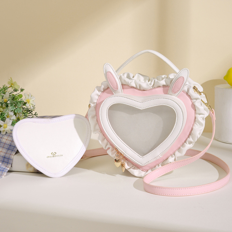 Kawaii Bunny Ears Heart Shape Lolita Shoulder Bag and Purse Cute Girls Ita Badge Crossbody Bags Clear Designer Handbag Gifts alx