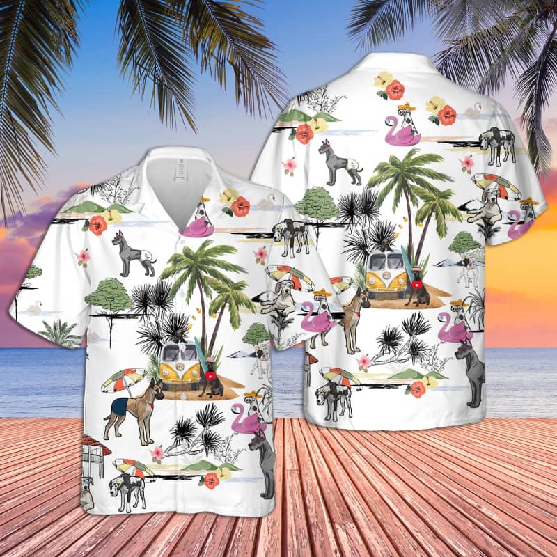 Unisex Great Dane Beach Hawaii Print Aloha Short Sleeve Casual Shirt Ha1637