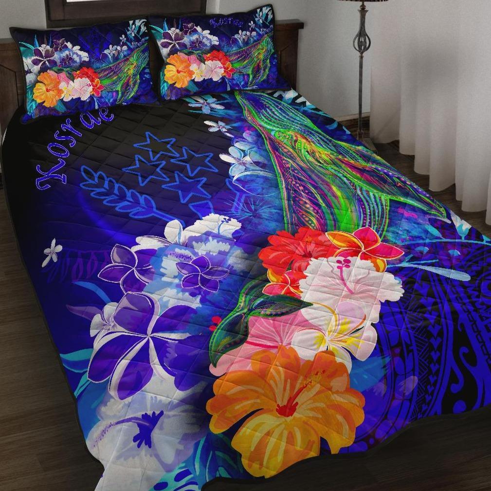 Kosrae Quilt Bed Set – Humpback Whale With Tropical Flowers (Blue)