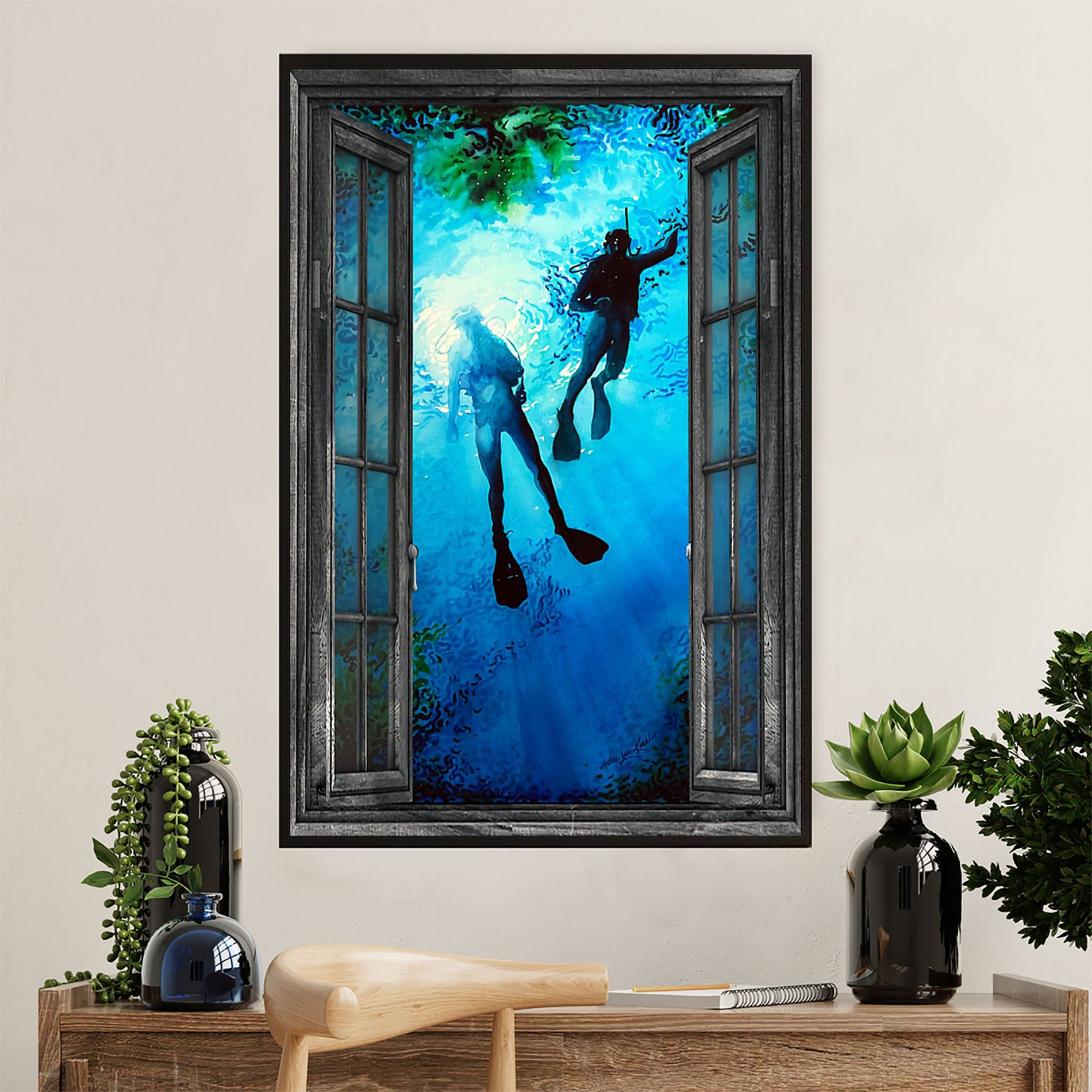 Scuba Diving Poster Prints | Couple Painting Landscape | Wall Art Gift For Scuba Diver