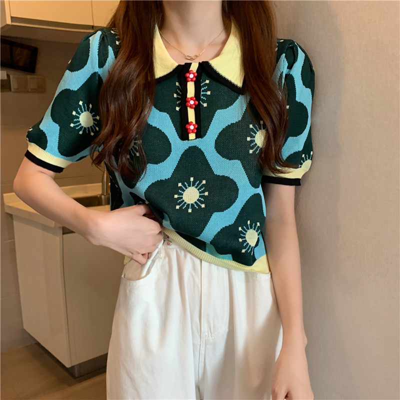 2021 Summer New Lapel Color contrast Flower Jacquard Knitted Cropped Top Women Chic Flower Button Thin Sweater alx