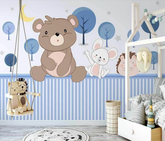 3D Cartoon Blue Tree Plant Bear Bunny Monkey Animal Wall Mural Wallpaper Lxl