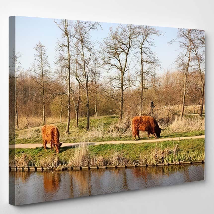 Two Bisons Park Near Water Eating – Bison Animals Canvas Print