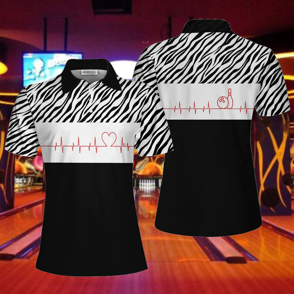 Bowling Heartbeat Zebra Pattern Short Sleeve Women Polo Shirt, Bowling Shirt For Ladies Coolspod