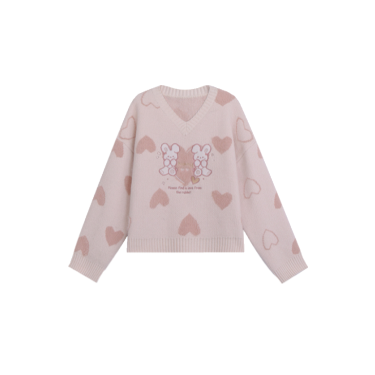 KOSAHIKI Harajuku Y2k Women Sweater Preppy Style Cute Rabbit Embroidery V-neck Knitted Jumper Top Sweet Pullover Sueter Mujer alx