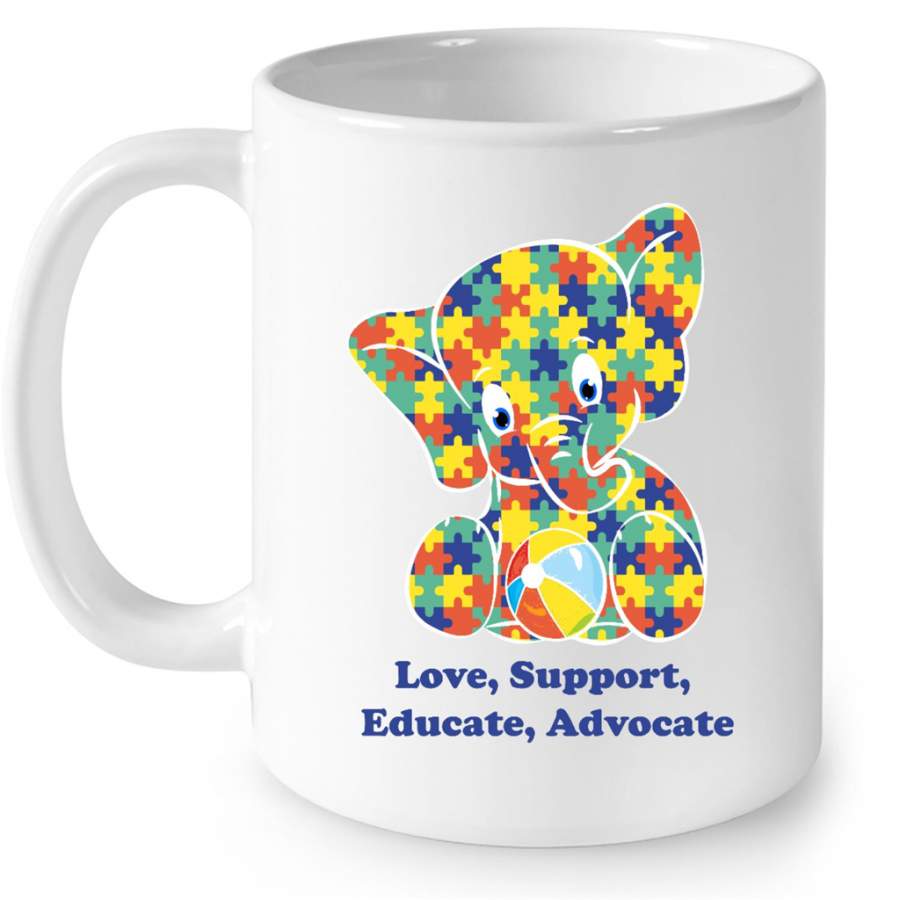 Autism Elephant Strong Love Support Educate Advocate – Full-Wrap Coffee White Mug