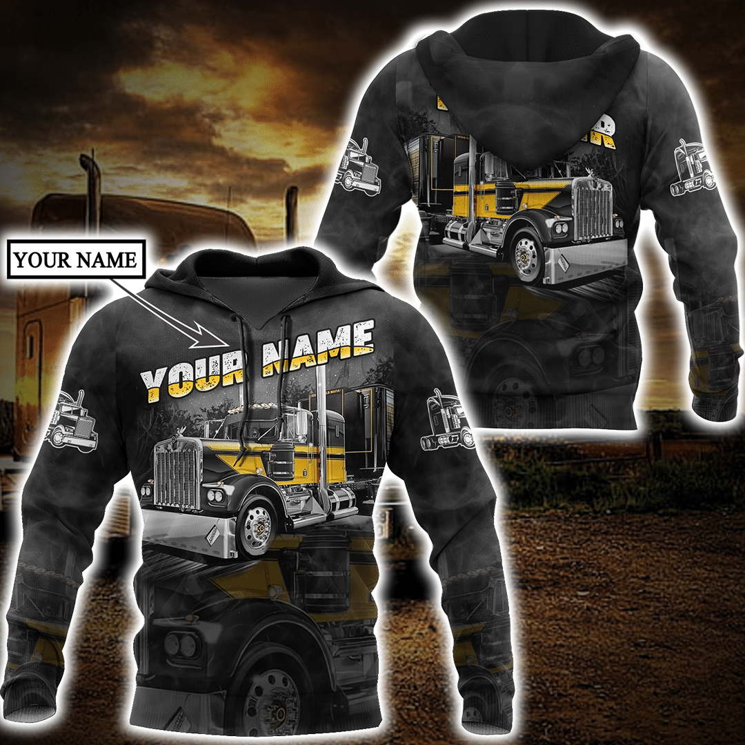 Personalized Name Trucker And Dark Yellow 3D All Over Printed Hoodie For Men And Women