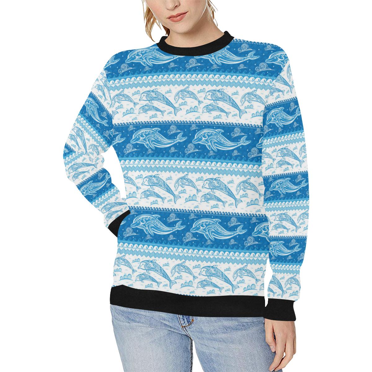 Dolphin Tribal Pattern Ethnic Motifs Women’s Crew Neck Sweatshirt