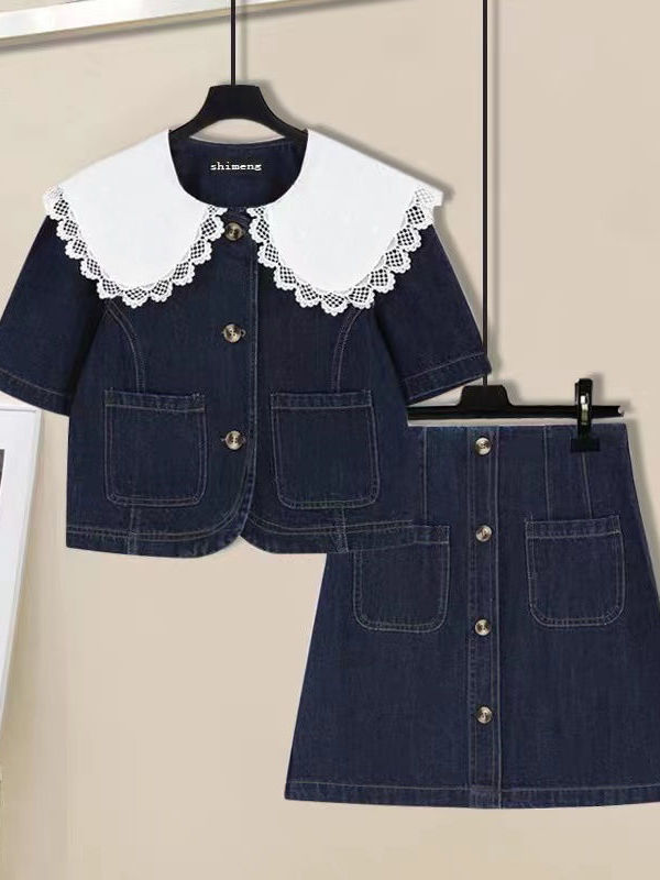 Women Summer Denim Skirts Two Pieces Set Korean Sweet Vintage Peter Pan Collar Short Sleeve Tops And Midi A-line Skirt Sets 2022 alx