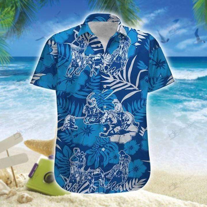 Awesome Team Roping Blue Tropical Pattern Unisex Hawaiian Shirts – Beach Shorts