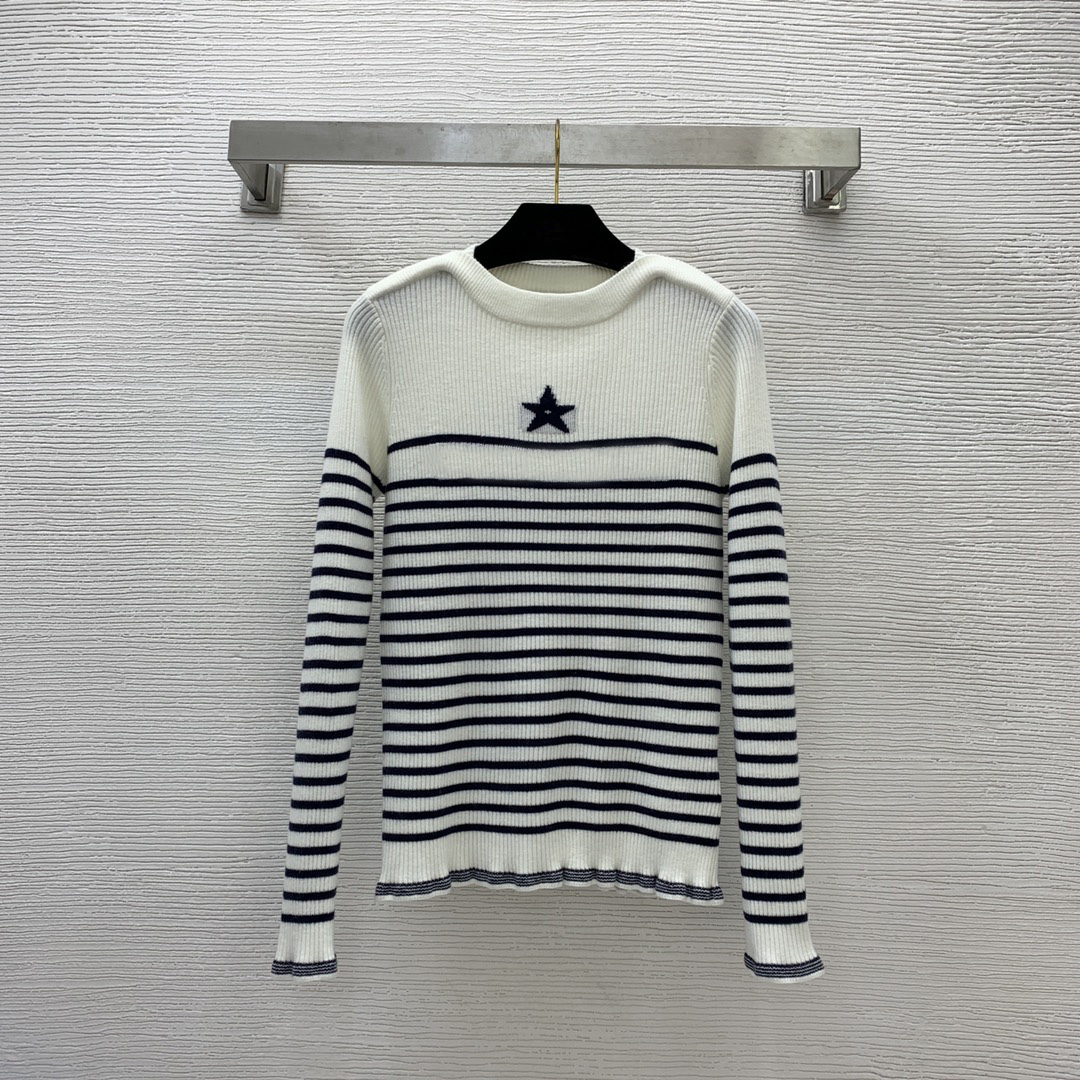 Autumn And Winter Women’s Sweater O-Neck Splice Stripe Pullover Wave Edge High Elastic Letter Printing Slim Fit Knit Top2960-190 alx