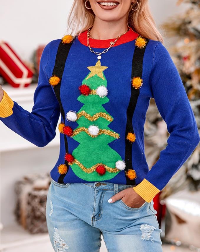 2023 Women’s Christmas warm Fashion Daily Long Sleeve Round Neck Tree Pattern Pom Pom Decor Ugly Sweater Christmas Look alx