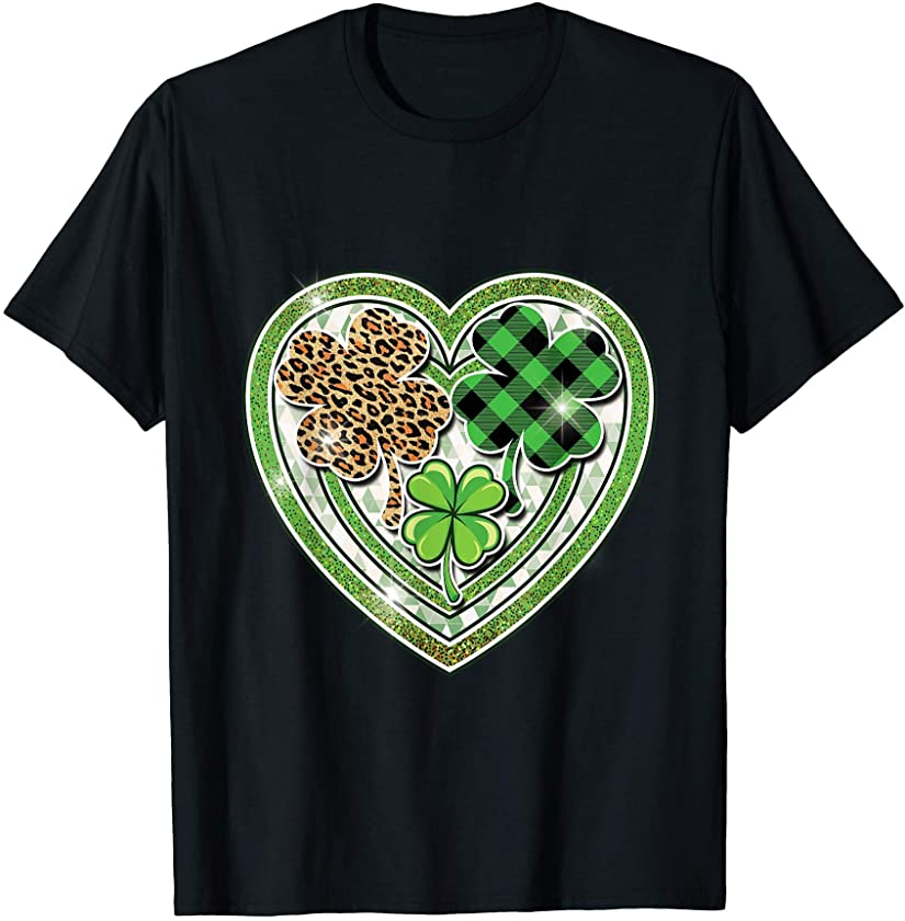 St Patricks Day Women Green Buffalo Plaid Leopard Shamrock T-Shirt