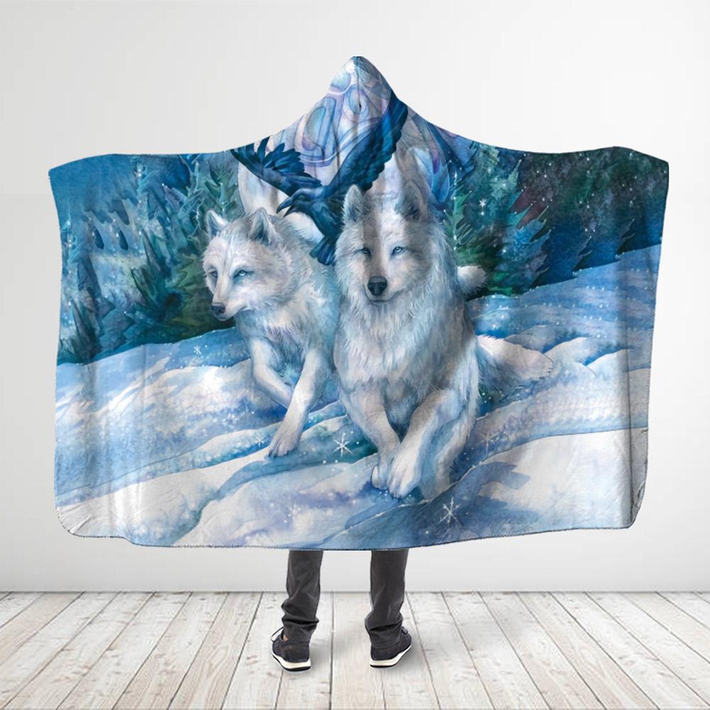 ViticStore™ 3D All Over Printed Picturesque Couple Of White Wolves In Snow Night – Hooded Blanket