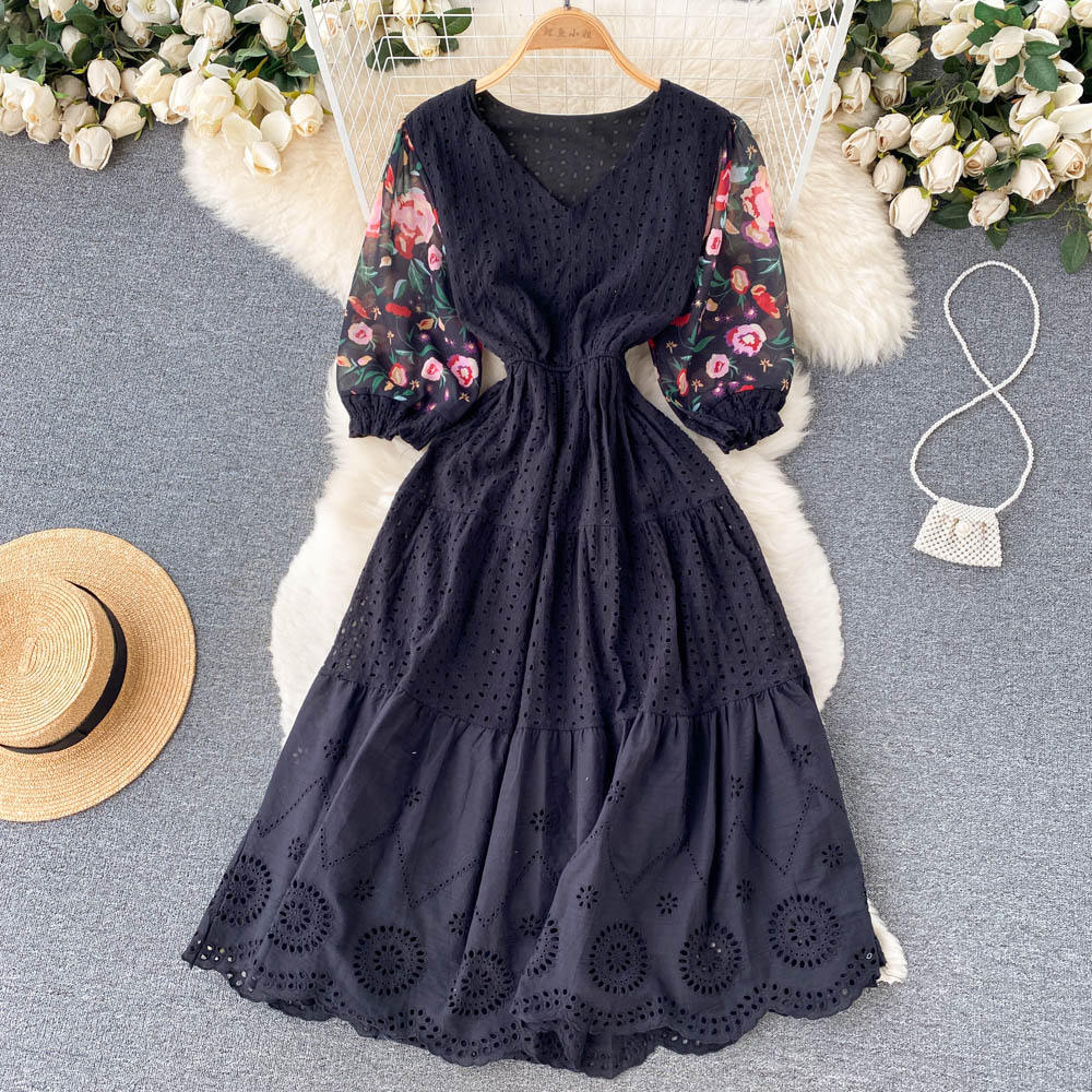 2022 New Spring Autumn Fashion turn down collar short sleeve Dress hollowed out hook high waist pleated long A-line Dress alx