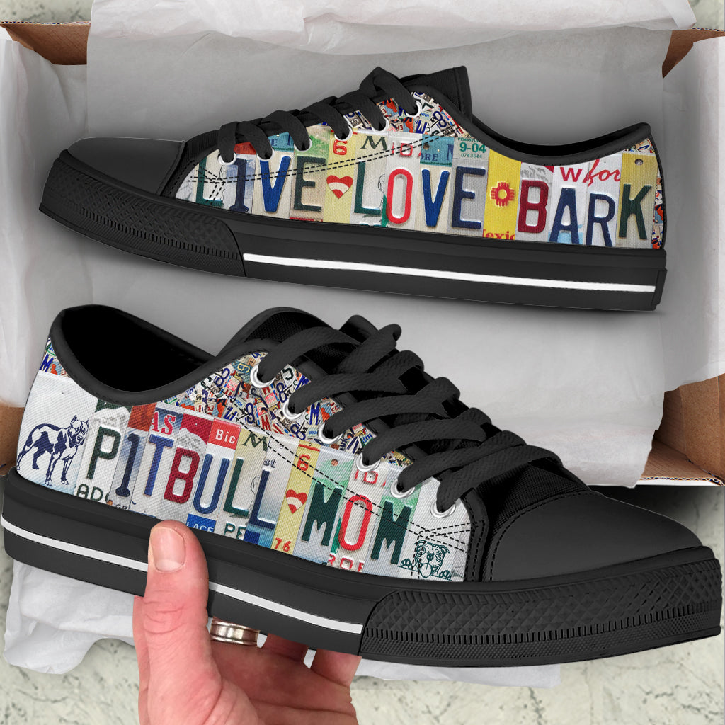 Pitbull Mom Low Top Shoes Live Love Bark License Plates Canvas Shoes – Best Shoes For Dog Lover, Best Gift For Dog Mom