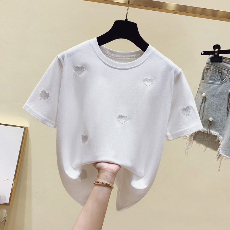 Summer Tees Cotton Tops Woman T-shirt Love Embroidery Tee Shirt Pink Kawaii Short Sleeve Tshirt Women Clothes New 2021 Yellow alx