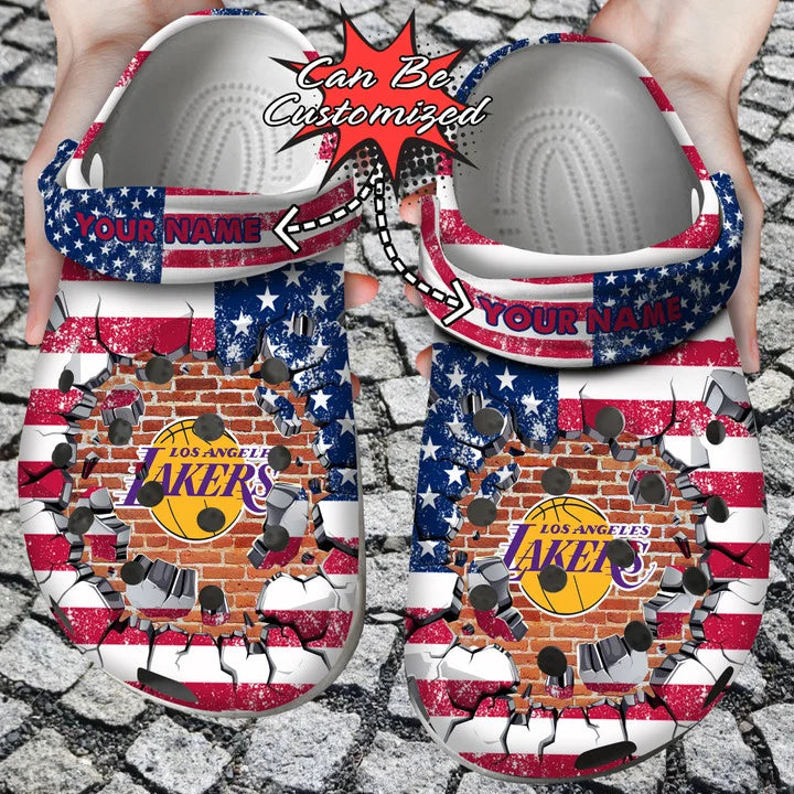 Basketball Crocss – Personalized La Lakers American Flag Breaking Wall Clog Shoes