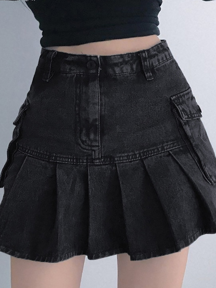 ALLNeon Mall Goth Y2K High Waist Jean Skirts E-girl Aesthetics Black Denim Pleated Skirts with Big Pockets Grunge Punk Outfits alx