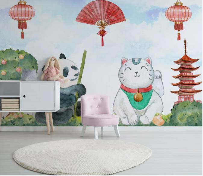 3D Cartoon Animal Fan Wall Mural Wallpaper 1